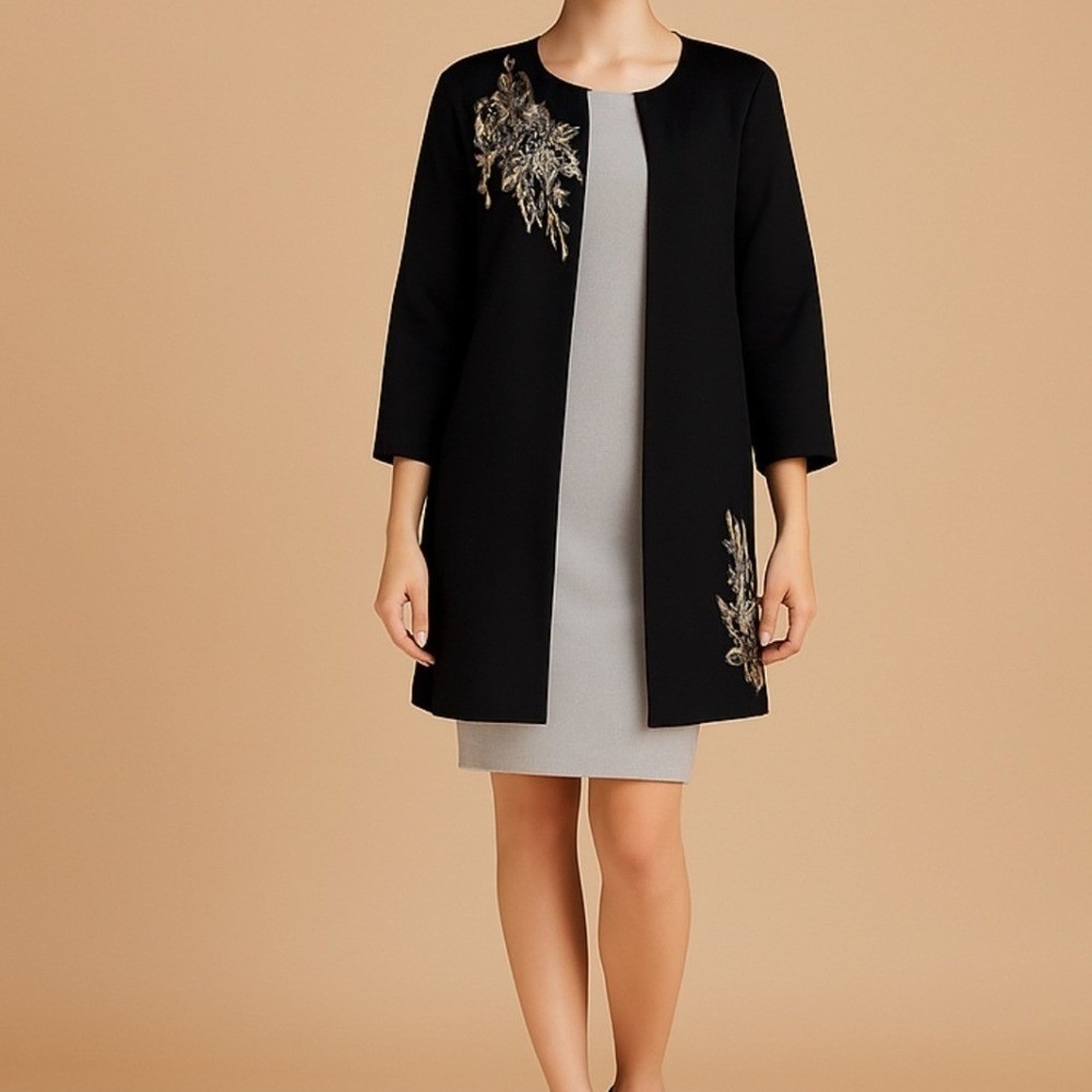 Alfani Petite Black Embroidered Gold Silver Leaf Evening Jacket P/L Chic‎ Glamor
